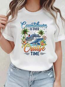 blusas para mujer tops, ¡La cuenta regresiva ha terminado! ¡Es hora de crucero! Camiseta de vacaciones en crucero. - Blanco - Ver 1