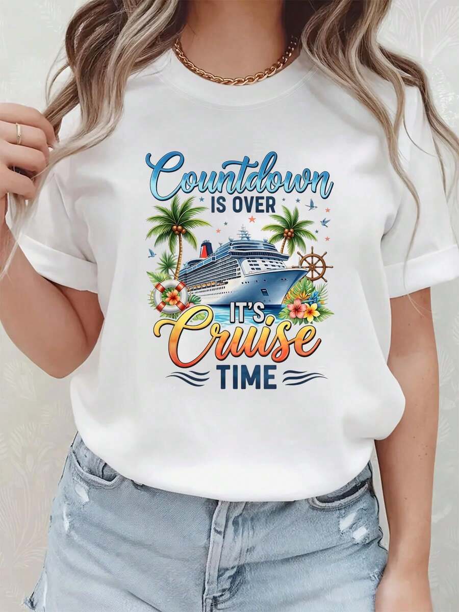 blusas para mujer tops, ¡La cuenta regresiva ha terminado! ¡Es hora de crucero! Camiseta de vacaciones en crucero. - Blanco - Ver 1