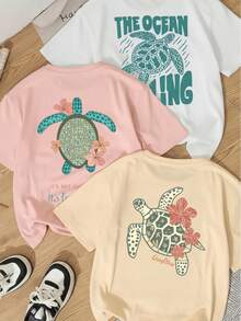3件装女童海洋海龟字母印花T恤，宽松短袖夏季上衣，适合青少年女孩 - 彩色 - 查看 3