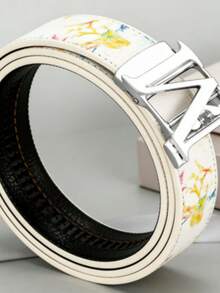 高档男士正装腰带 - 亮金色 V 形扣环和白色抽象大理石纹印花，可调节滑扣式腰带 - 彩色 - 查看 5