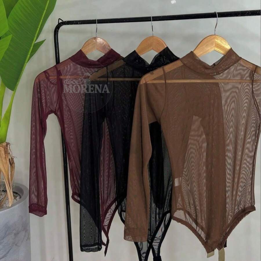 3-Piece Women's Bodysuit Set In Second-Skin Tulle With Long Sleeves And High Neck - Sensual And Sophisticated - 黑色,棕色和酒紅色 - 查看 1