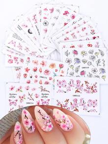 SWEET TREND Conjunto de 24 adesivos de unhas com estampa floral romântica e elegante em aquarela de flores de cerejeira, pétalas de rosa rosa, flores de cerejeira e borboletas, para decoração de unhas em salão de beleza. - Multicolorido - Ver 4