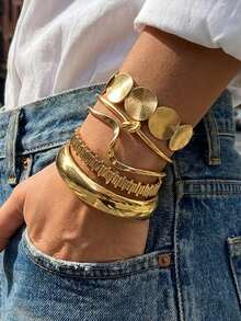5 pièces/set Bracelet de style bohème vintage élégant multicouche torsadé géométrique ouvert, convient pour le port quotidien, les fêtes, les vacances, la plage, les accessoires, cadeau parfait pour les femmes - 5 pièces d'or - Voir 2