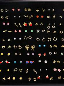 Set de 7 piezas de aretes de moda minimalistas con perlas falsas y cristales en forma de lazo y corazón, un regalo de joyería versátil para niñas, regalo de cumpleaños - Nuevo conjunto de pendientes pequeños - Ver 5