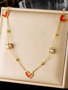 1件 时尚简约钻石滴油黑红爱心配饰链条镀金首饰不锈钢项链 - 愛心 - 查看 8