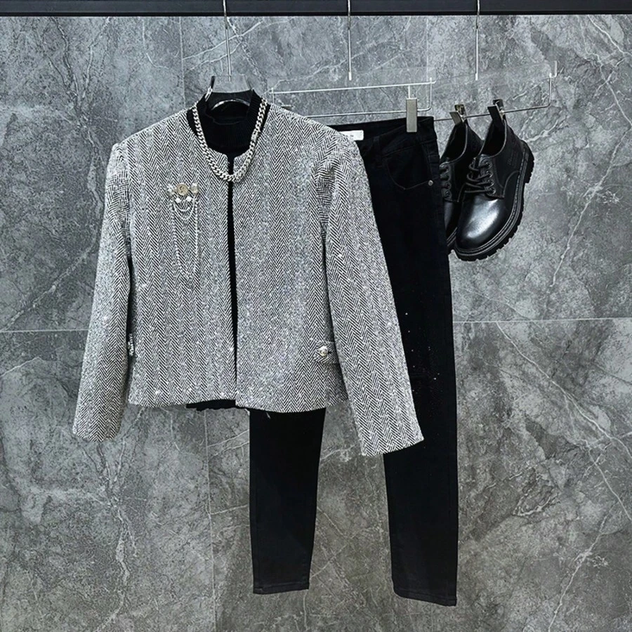 Handsome Guys Must Buy! French-Style Small Fragrance Windbreaker Men's High-End Heavy-Duty Heat-Pressed Rhinestone Wrinkle-Free Relaxed Design Short Jacket - Grey - View 1