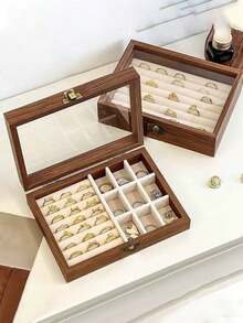 1pc Luxury Walnut Wood Jewelry Box, 3-Layer Wooden Jewelry Storage Box, Drawer Style Jewelry Case, Acrylic Jewelry Organizer, Classic Style - Multicolor - View 7