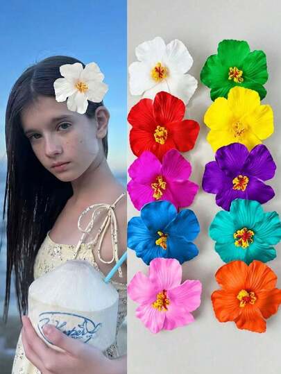 10个/套夏威夷花朵发夹，女孩芙蓉花和莲花发夹，时尚人造花发夹，夏季假日海滩派对发饰，波西米亚风布艺发夹套装，优雅女孩发夹，夏季女孩发饰，送给女孩的绝佳礼物，情人节超值套装，发爪，发夹，头部饰品，发卡