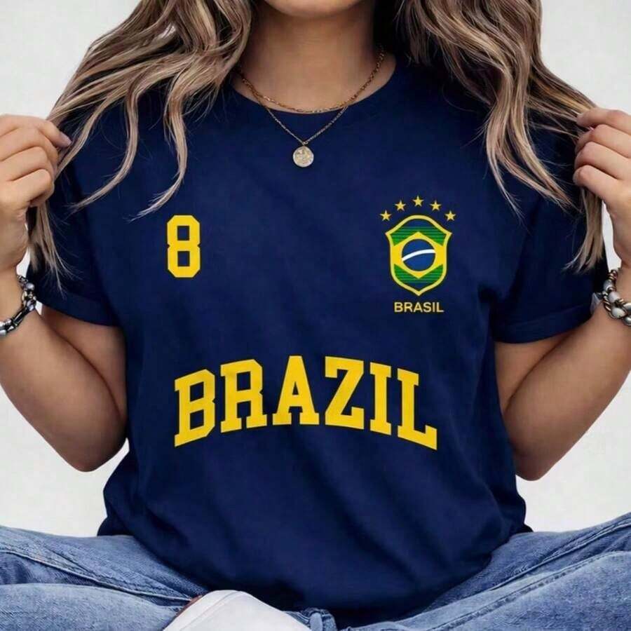 Women's Brazil Hexa T-Shirt Summer Short Sleeve Cotton - Màu xanh hải quân - Xem 1