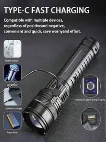 10 000 lumens Lampe de poche laser blanche super brillante, torche haute puissance, 5 modes d'éclairage, indicateur de batterie numérique et feu arrière, mise au point réglable, étanche pour l'extérieur, batterie haute capacité intégrée, charge rapide Type-C, fonction de batterie externe, convient pour le camping, la randonnée, la pêche, la patrouille et l'éclairage d'urgence - S33 - Voir 6