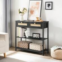 Console Table, **-Inch Console Table With Faux Rattan Decoration, Narrow Long Sofa Table, Hallway Foyer Table, Entryway Table, Storage Table With 2 Drawers And 3 Open Shelves, For Entryway, Living Room, Corridor, Black - 黑色 - 查看 2