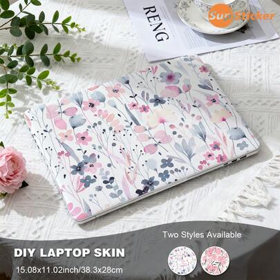1pc Watercolor Style Sticker, Pink & Purple Floral Pattern, 15-Inch Laptop DIY Skin Sticker, Self-Adhesive, Cuttable, Precise Fit, Scratch-Resistant, Suitable For Daily Office Use