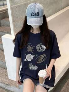 日系女式宽松休闲圆领卡通字母星空印花短袖T恤，春夏度假款 - 深藍 - 查看 4