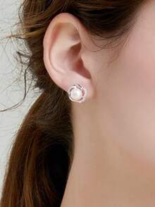 1 Pair Gorgeous Cubic Zirconia & Faux Pearl Stud Earrings For Women For Party Engagement Anniversary Jewelry Valentine's Day Gift - 1# - View 4