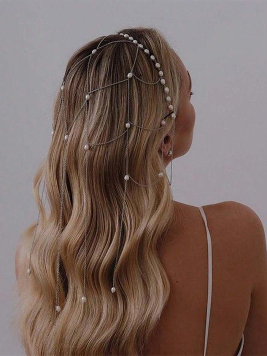 1 chiếc băng đô cài tóc đính ngọc trai dạng lưới, dây cài tóc ngọc trai thanh lịch, phụ kiện đa năng cho đám cưới, tiệc tùng và sử dụng hàng ngày, phụ kiện đội đầu. - Bạc - Xem 1