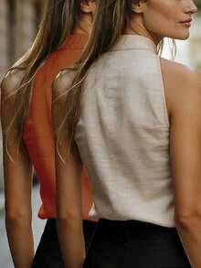 Conjunto de 2 piezas de top sin mangas con cuello Mao de estilo de lino y camiseta ajustada, minimalista y elegante, adecuado para la oficina, casual, citas, vacaciones y talla grande ocasiones de verano - Albaricoque + Marrón - Ver 2