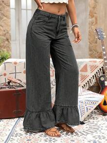 Ruffle Hem Wide Leg Jeans, Relaxed Loose Comfortable Blue Denim Pants, Vacation Style, Suitable For Casual Outings, Travel In Spring, Summer, Autumn And Winter Black - Black - View 4