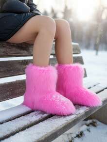 Womens Faux Fur Snow Boots Round Toe Non Slip Fuzzy Fluffy Mid Calf Warm Winter Boot For Ladies Goth Y2K Slip On Party Shoes Casual Dressy Wedding Riding Fashion Dressy Short Indoor Outdoor Boots For Women - Hồng - Xem 2