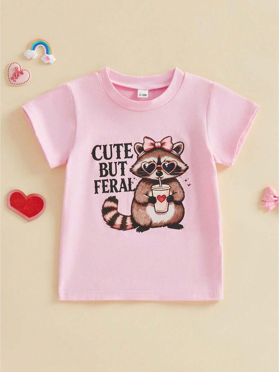 Camisetas de niña pequeña de manga corta con cuello redondo, letras lindas y estampado de oso, tops casuales de verano - Rosa - Ver 1