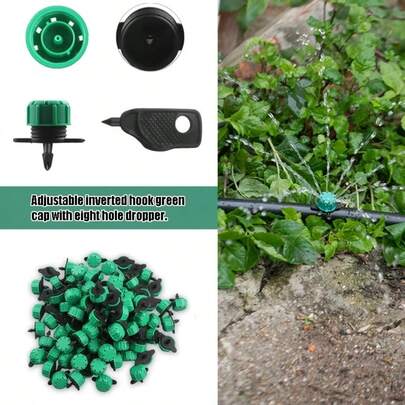 可调节钩型绿色帽8孔滴灌器，1/4英寸可调节滴灌喷嘴喷洒系统，适用于4/7毫米软管，带开孔器，适用于花园灌溉系统和农业种植园