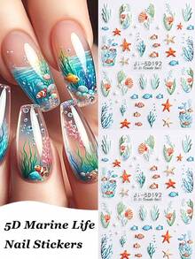 2pcs 5D Ocean Life Nail Stickers, Summer Seaweed, Fish, Shells, Starfish, Embossed Patterns, Self-Adhesive Nail Decals, Cute & Charming Nail Art Decorations, DIY Manicure Supplies - Multicolor - View 2