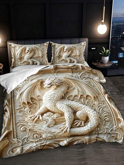 2/3件套2D平面无刺绣奇幻龙图案床上用品套装（1个被套+1/2个枕套，不含枕芯），神话白龙印花床上用品套装，柔软温暖舒适的床上用品套装，适用于卧室、客房、宿舍装饰