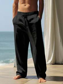 Men's Breathable Linen Loose Casual Sports Pants, Suitable Beach, Spring/Summer - màu đen - Xem 2