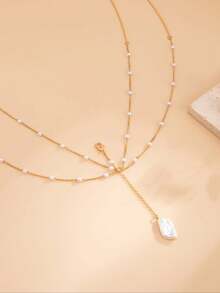 Geometric Chain Faux Pearl Fringe Pendant Bikini Necklace, Luxurious Party Jewelry, Unisex Multifunctional Body Chain, Street Style, Pearl Waist Beads - 金色 - 查看 5