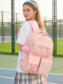 3pcs/Set Girls Backpack - Middle School Backpack With Handbag And Pencil Case, 15.6 Inch Laptop Backpack, Casual Minimalist Multi-Pocket Design With Plush Ball Pendant, Back To School Essential, Suitable For School And Travel - Simple 3-piece Set - View 11