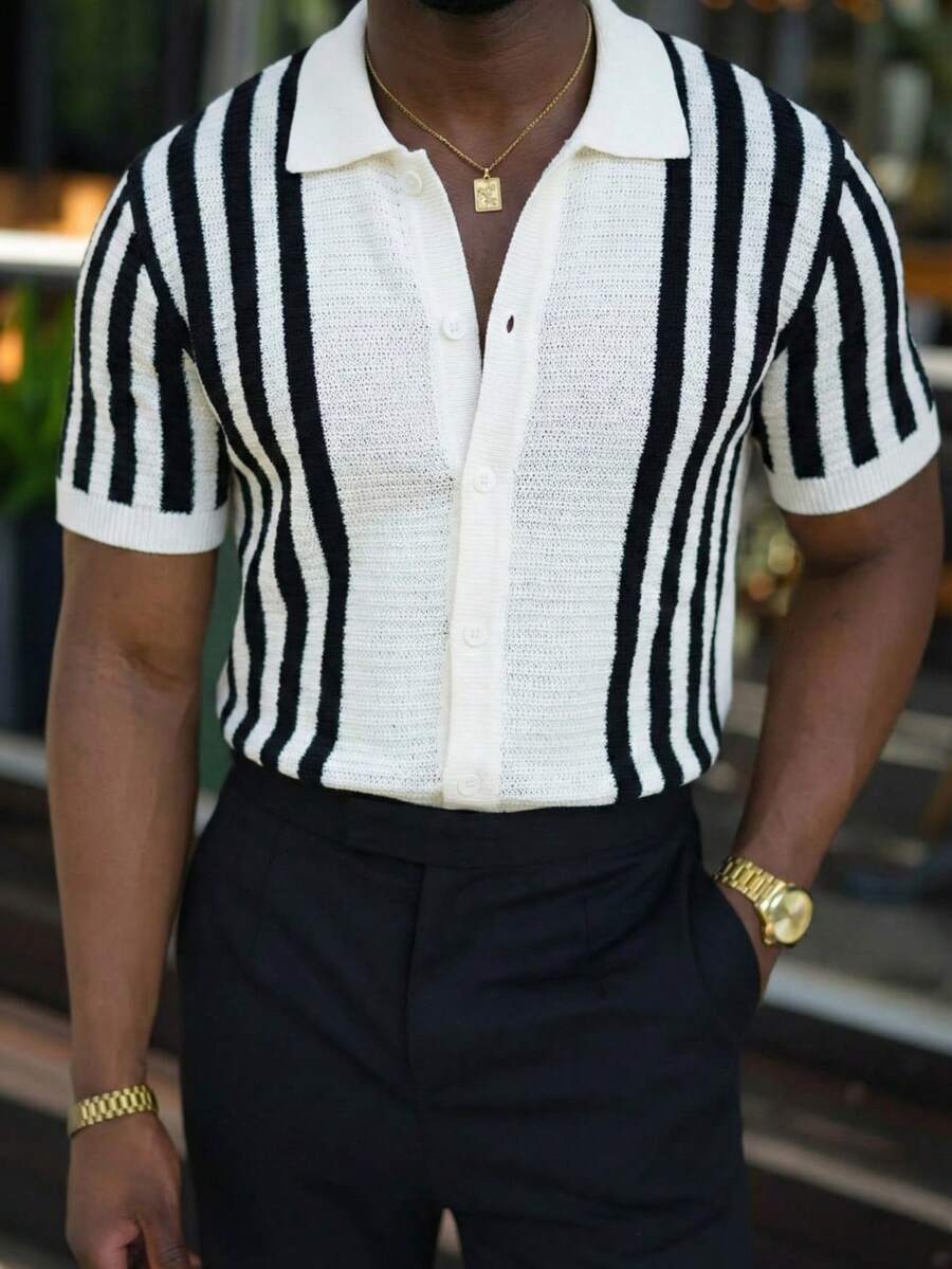 Men's Casual Loose Retro Striped Knit Cardigan, Versatile Business Commute Polo Collar Button Up Sweater, Lightweight Knitted Short Sleeve Cardigan, Beige, Suitable For Spring And Summer - Beige - View 1