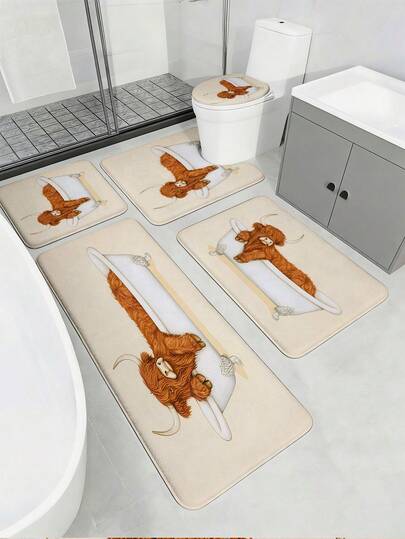 3/5 Stücke Faulenzende Schottische Hochlandrind Badezimmermatte Set, Cartoon Tier Muster weich saugfähig rutschfest Badezimmer Accessoires - beinhaltet Toilette-Sitzabdeckung, U-förmige Toilette-Matte, Badezimmertürvorleger, Waschtischunterlage, Badewannenvorleger - Flanell + Memory-Schaum + Polyesterstoff - waschbar, schimmelresistent Badematten - geeignet für Frühling, Zuhause Badezimmer, Wohnzimmer, Schlafzimmer, Küche, Waschraum - schnell trockener Bodenbelag, Rückkehr zur Schule Grundbedarf, Einweihungsgeschenk, Geburtstaggeschenk, Muttertagsgeschenk