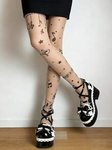 1双女士音符圆点印花连裤袜，显瘦、舒适、时尚独特，非常适合日常穿着、通勤、节日派对和外出活动。 - 彩色 - 查看 7