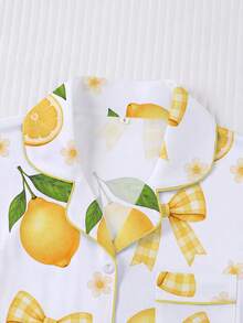 2pcs Women Pajama Set, Lemon & Bow Print, Ladies Homewear, Spring/Summer Holiday Outfit, Short Sleeve Collared Top And Shorts Can Be Worn Outerwear - Multicolor - View 3