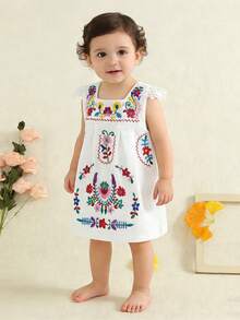 Toddler Baby Infant Girls Summer Cotton Linen Boho Dress Floral Embroidery Square Neck Lace Ruffle Fly Sleeve Sleeveless Summer Beach Sundress Vacation Bohemian Dress A-Line Dress - 白色 - 查看 2