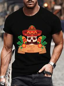 Men's Cinco de Mayo Skull Graphic T-Shirt 100% Cotton Crew Neck, Short Sleeve, Regular Fit Casual Tee. - Negro - Ver 1