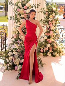 ADYCE Elegant Pleated High Slit Cocktail Party Maxi Dress Wedding Spring - Red - View 6