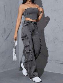 Wide Cargo Straight Leg Wide Pockets - than chì - Xem 1