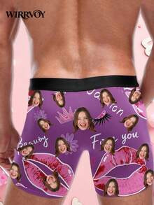 1pc Customized Boxer Briefs For Men, Personalized Photo Print Underwear With Purple Lips, Crown & Delicate Text Design, Husband's Exclusive Custom Boxer Briefs, Funny Expression Custom Boxer Briefs, Fashionable, Romantic, Comfortable & Unique, Ideal Valentine's Day, Anniversary, Birthday, Wedding, Mother's Day, Father's Day Gift For Boyfriend, Husband, Him - Black - View 4
