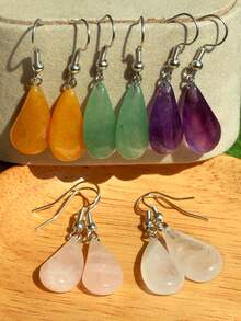 Fashionable Teardrop Natural Stone Earrings, Bohemian Style Amethyst & Feldspar & Red Stone Dangle Earrings, Delicate Beach Holiday Jewelry - Multicolor - View 5
