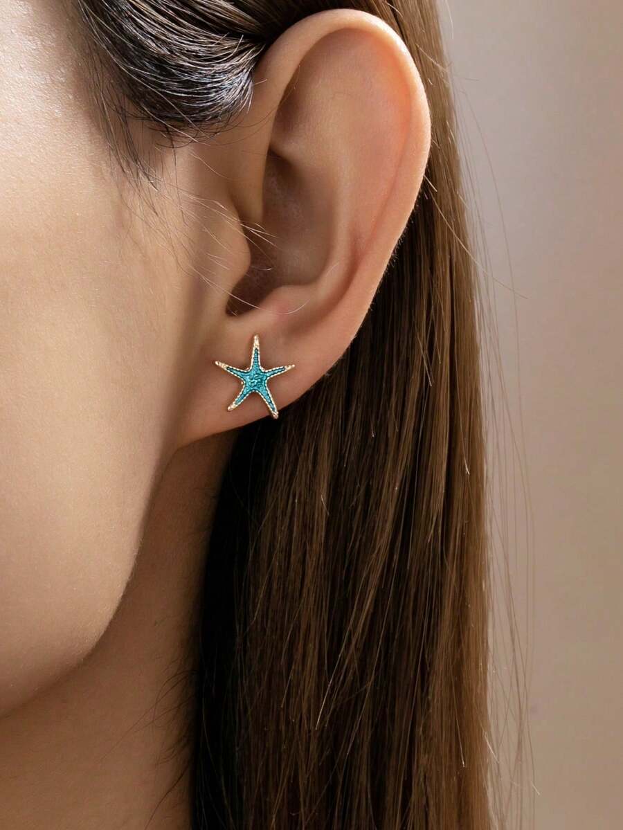 1 Pair Minimalist Starfish Earring For Women, Colorful Enameled Sea Star Earrings For Vacation, Tropical Beach Travel, Souvenir Jewelry Accessories - Starfish Earrings - View 1