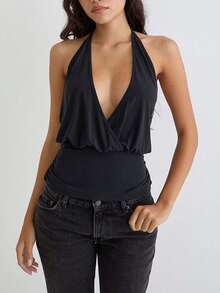 Women's Summer Halter Tops Stylish Solid Ruched Slim Fit Backless Sleeveless Vest - 黑色 - 查看 4
