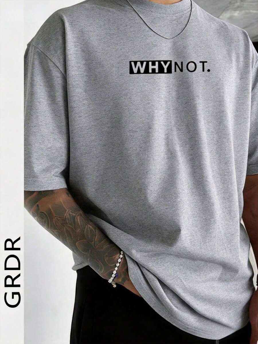 GRDR Men's Summer Letter Slogan Graphic Print Round Neck Short Sleeve T-Shirt, Comfortable & Fashionable - Light Grey - View 1