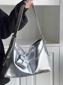 Unique Solid Color Shoulder Bag, Women's Large Capacity Multi-Function Fashion Handbag, Business Trip Travel Portable Quick-Lock Bucket Bag - Silver - View 4