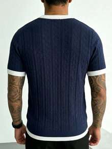 Camiseta de cuello redondo de manga corta casual y versátil con tejido trenzado para hombres GRDR - Azul Marino - Ver 2