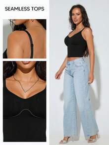 Women V-Neck Slim Fit Camisole Tank Top, Basic Summer Fitness Wear - Black - View 4
