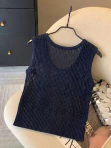 Áo tank top dệt kim không tay ôm sát, xuyên thấu, thời trang, gợi cảm, thanh lịch, đa năng, dành cho nữ, màu xanh navy. - Màu xanh hải quân - Xem 2