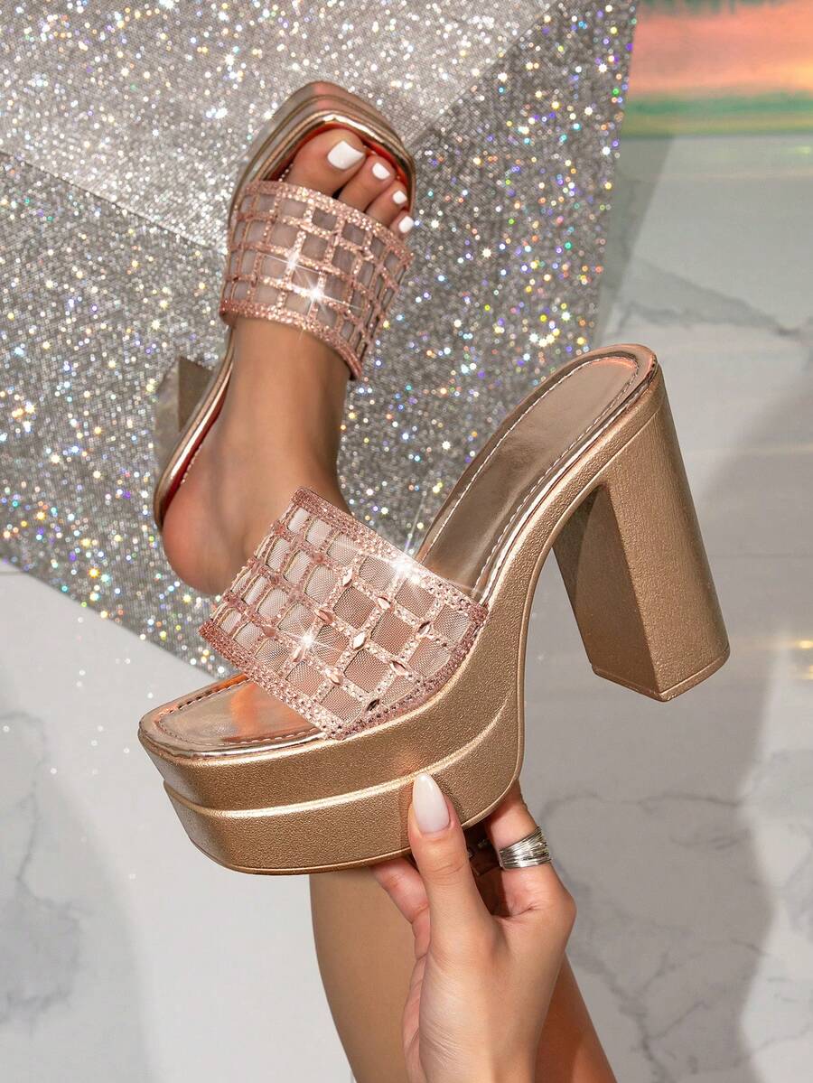 2026新款女士高跟凉鞋,镂空透气厚底拖鞋,时尚水钻网眼罗马凉鞋 - 香檳色 - 查看 1