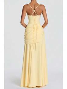 Versatile Banquet Elegant Split V-Neck Long Dress Elegant And Noble Waist Sexy Hip Dress - 黃色 - 查看 2