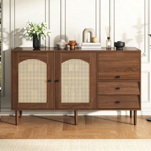 Country-Style Sideboard With Rattan Doors – 130 X 75.5 X 40 Cm – Magnetic Closure, Adjustable Shelves, Stable Structure – Elegant And Versatile Design [OLD SKU:WF298018019NAA] - Rust Brown - View 1