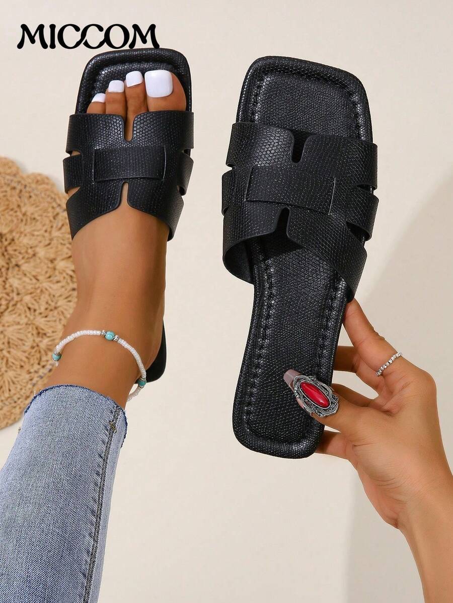 女士时尚平底方头一脚蹬凉鞋，百搭女士休闲凉鞋，适合春夏季 - 黑色 - 查看 1